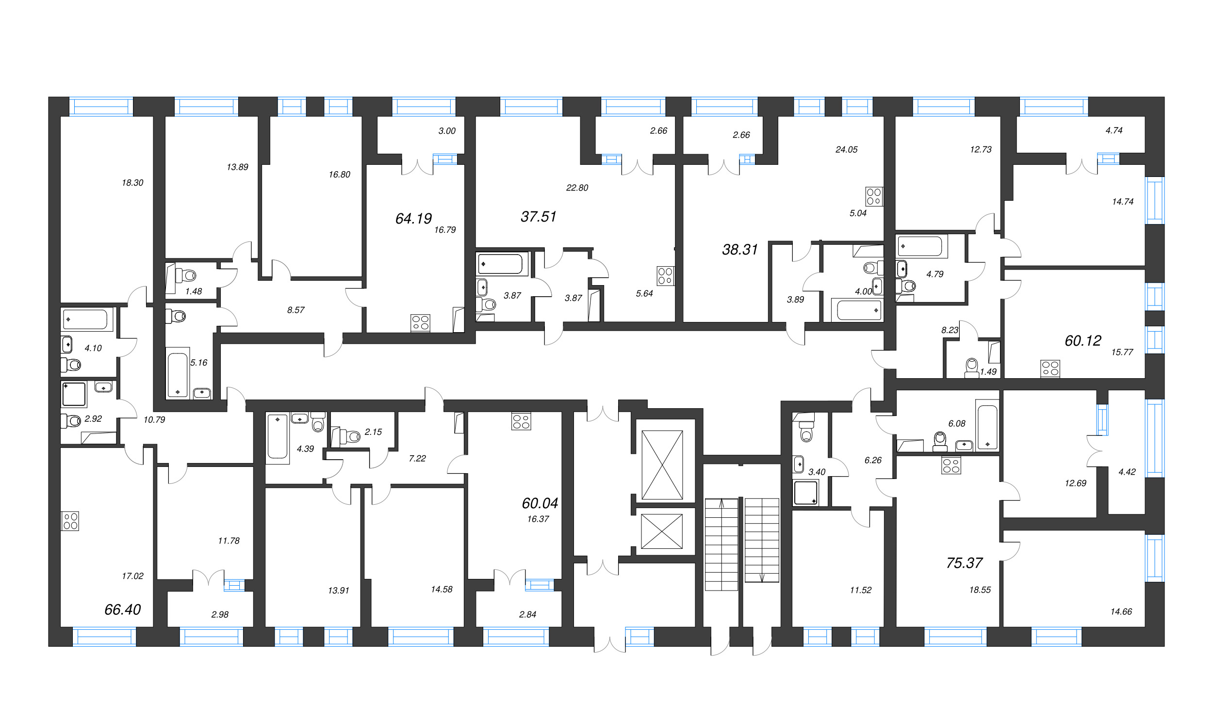 2-комнатная квартира, 66.4 м² - планировка этажа