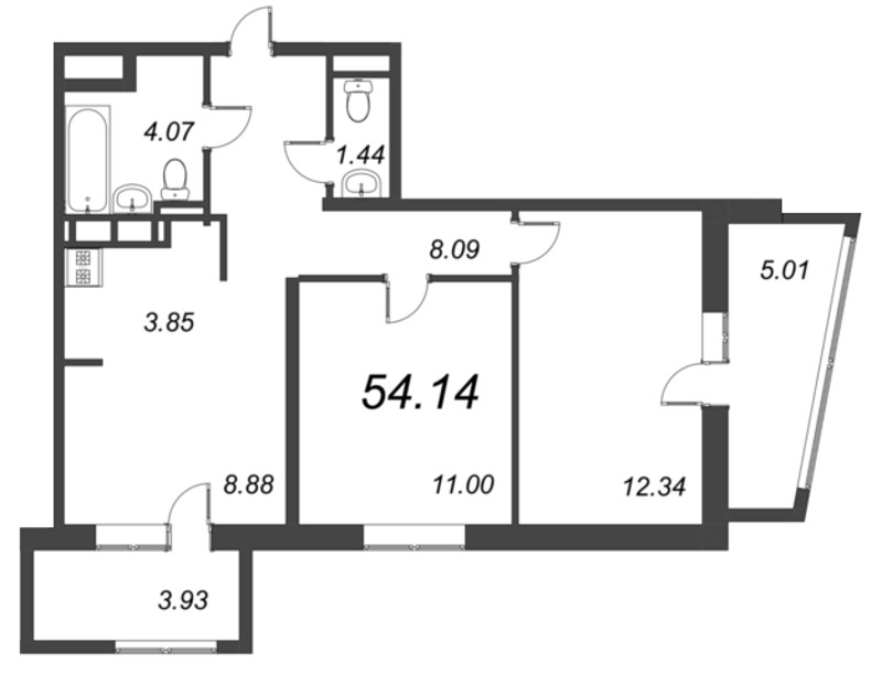 2-комнатная квартира, 54.14 м² - планировка, фото №1
