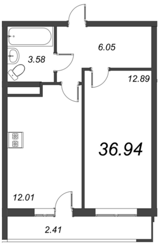 1-комнатная квартира, 34.9 м² в ЖК "Европейский Парк" - планировка, фото №1