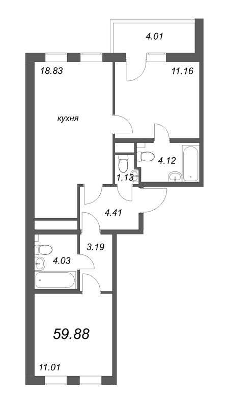 3-комнатная (Евро) квартира, 59.88 м² - планировка, фото №1