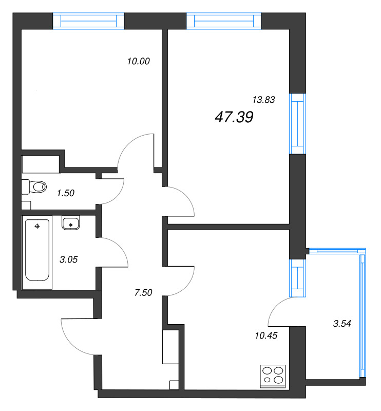 2-комнатная квартира, 47.39 м² - планировка, фото №1