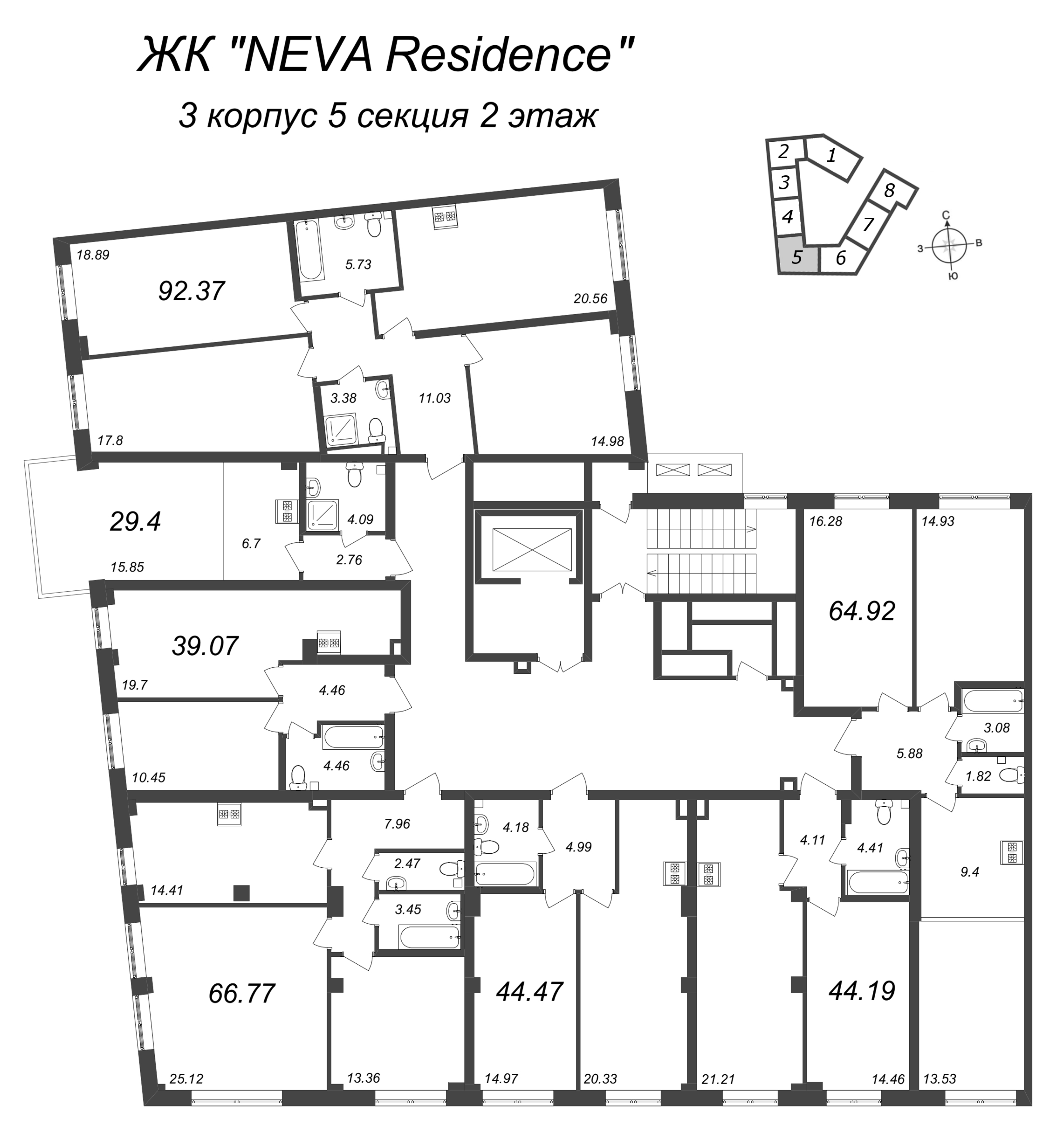 3-комнатная (Евро) квартира, 64.92 м² - планировка этажа