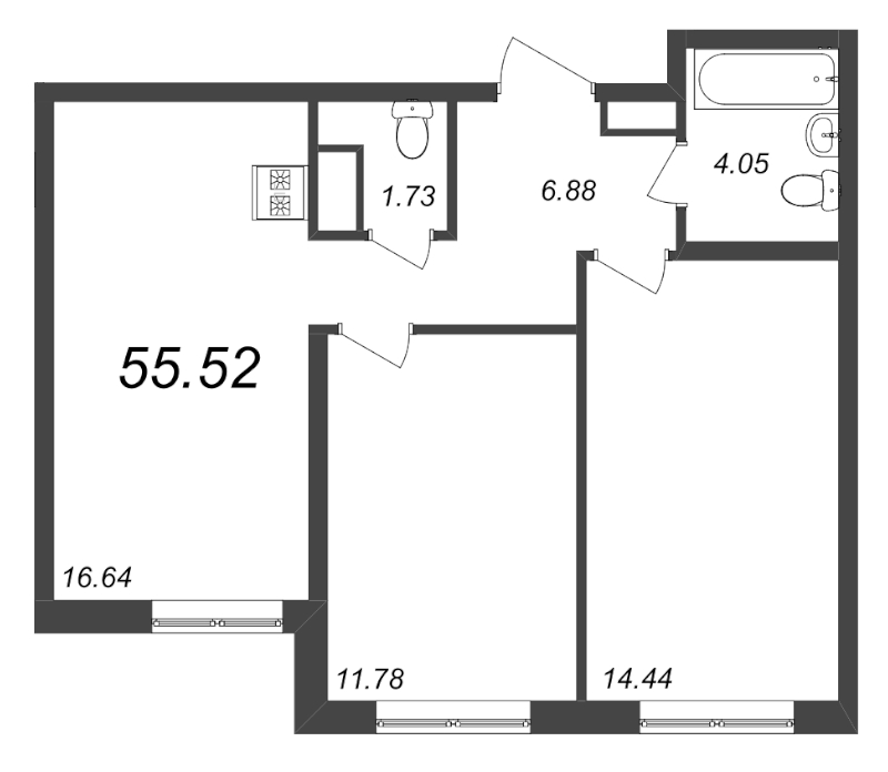3-комнатная (Евро) квартира, 55.52 м² - планировка, фото №1