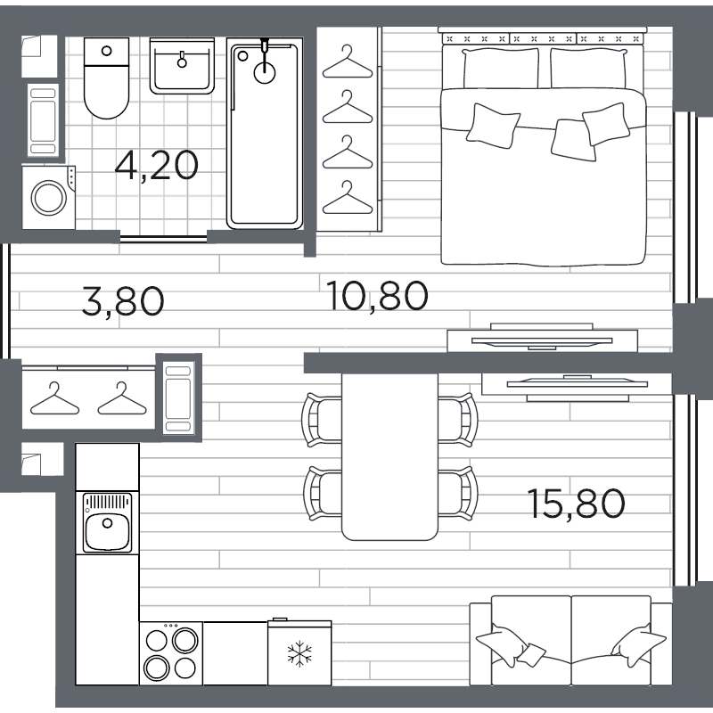 2-комнатная (Евро) квартира, 34.6 м² в ЖК "PLUS Пулковский" - планировка, фото №1