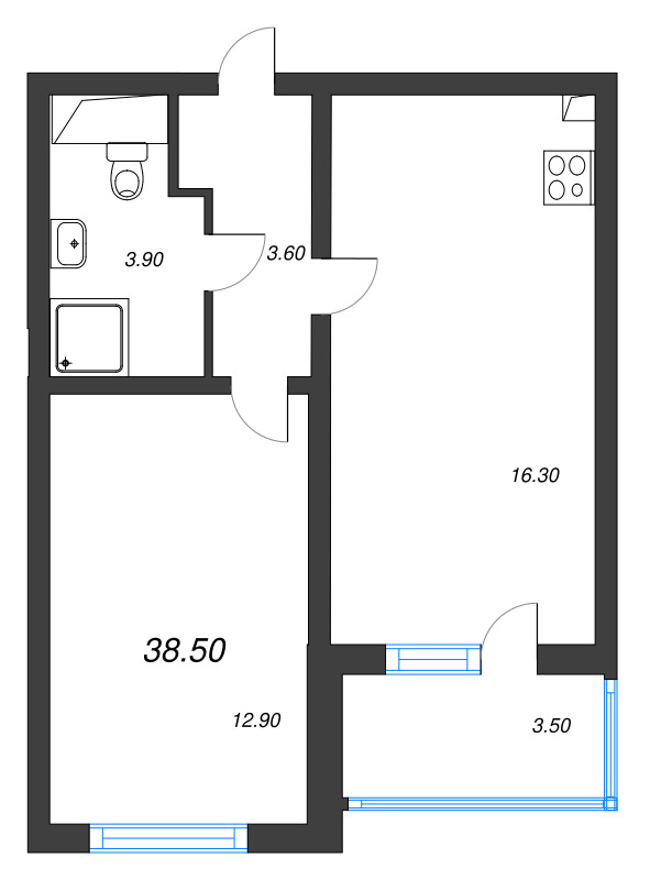 2-комнатная (Евро) квартира, 38.5 м² в ЖК "Ручьи" - планировка, фото №1