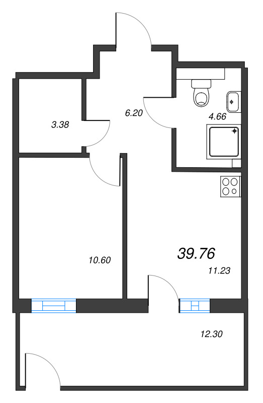 1-комнатная квартира, 39.76 м² в ЖК "Рощино Residence" - планировка, фото №1