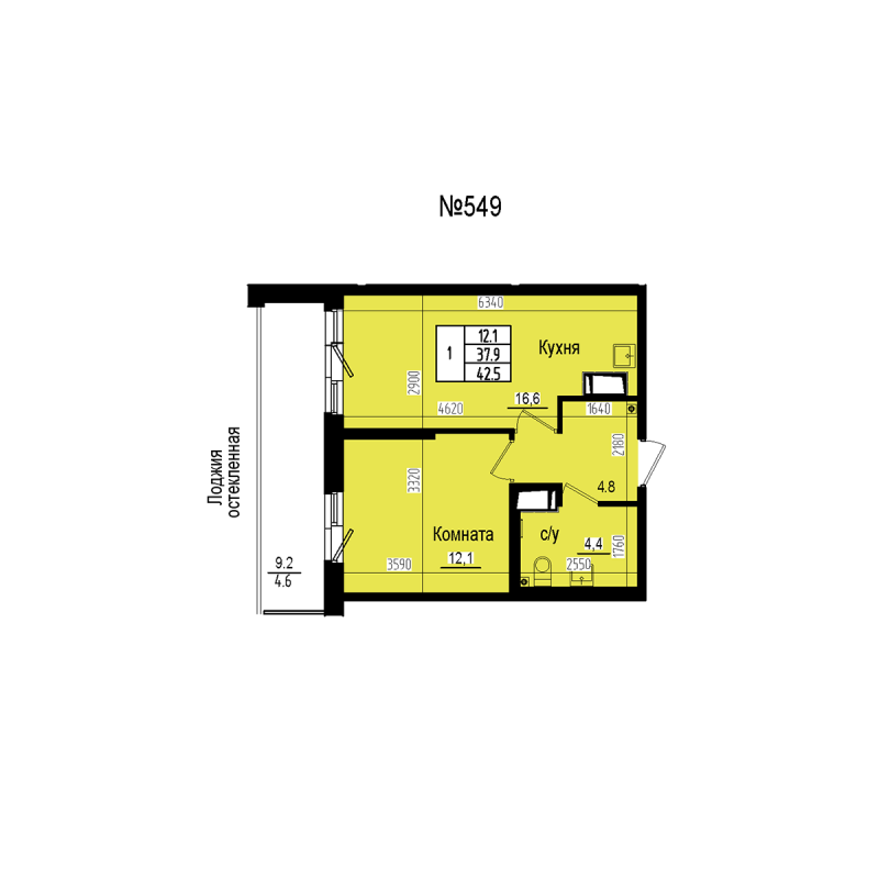 2-комнатная (Евро) квартира, 42.5 м² в ЖК "ПРАГМА СИТИ" - планировка, фото №1