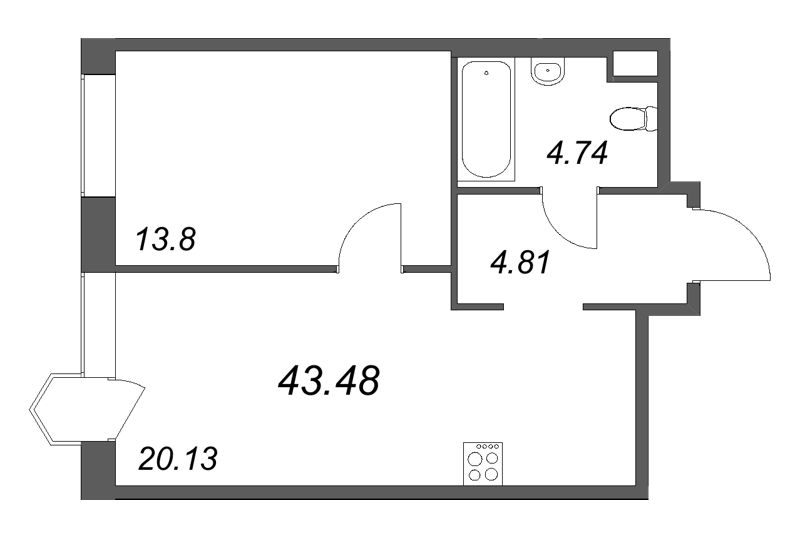 2-комнатная (Евро) квартира, 43.48 м² в ЖК "Avant" - планировка, фото №1