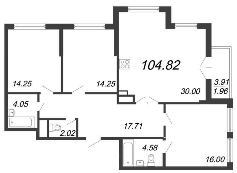4-комнатная (Евро) квартира, 105.2 м² - планировка, фото №1