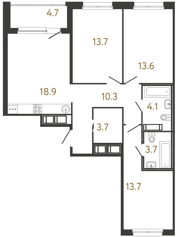4-комнатная (Евро) квартира, 81.7 м² в ЖК "Передвижники" - планировка, фото №1