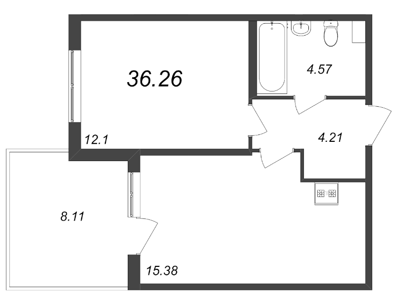 2-комнатная (Евро) квартира, 36.26 м² - планировка, фото №1