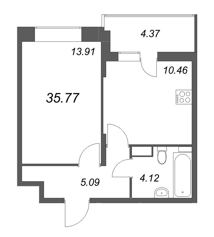 1-комнатная квартира, 35.77 м² в ЖК "Аквилон RekaPark" - планировка, фото №1