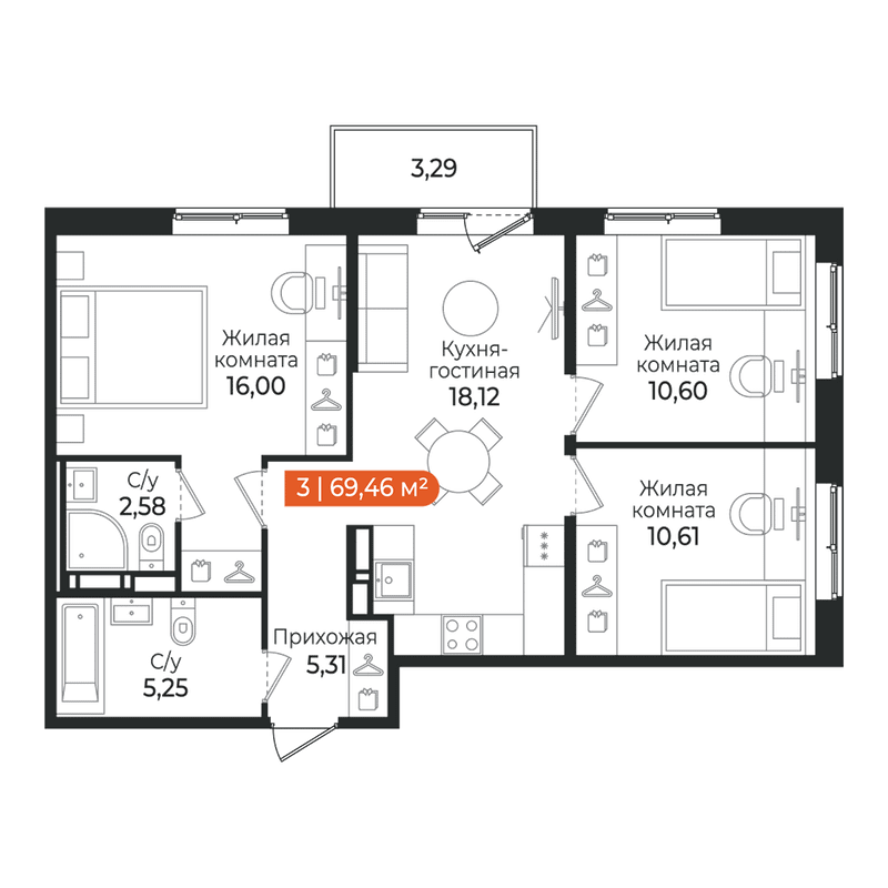 4-комнатная (Евро) квартира, 69.46 м² в ЖК "Алгоритм Квинта" - планировка, фото №1