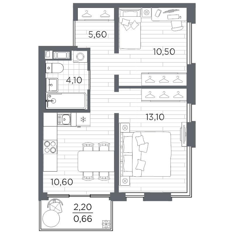 2-комнатная квартира, 44.56 м² в ЖК "Плюс Пулковский" - планировка, фото №1