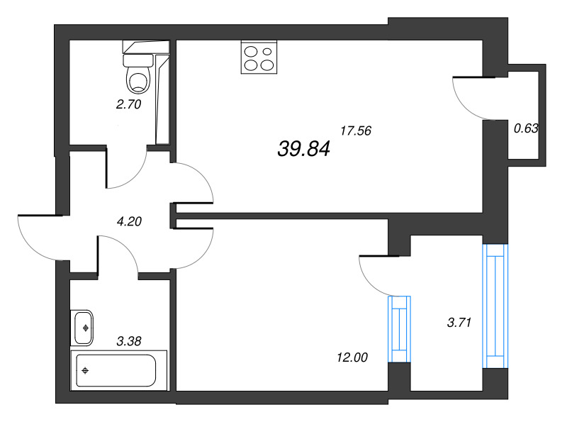 2-комнатная (Евро) квартира, 41.89 м² - планировка, фото №1