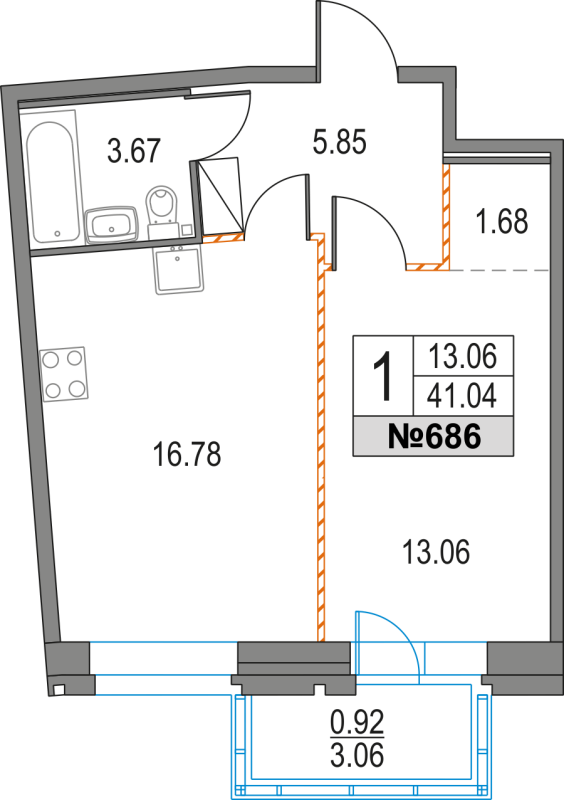 1-комнатная квартира, 41.04 м² - планировка, фото №1