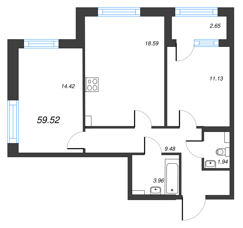 3-комнатная (Евро) квартира, 59.52 м² в ЖК "Б15" - планировка, фото №1