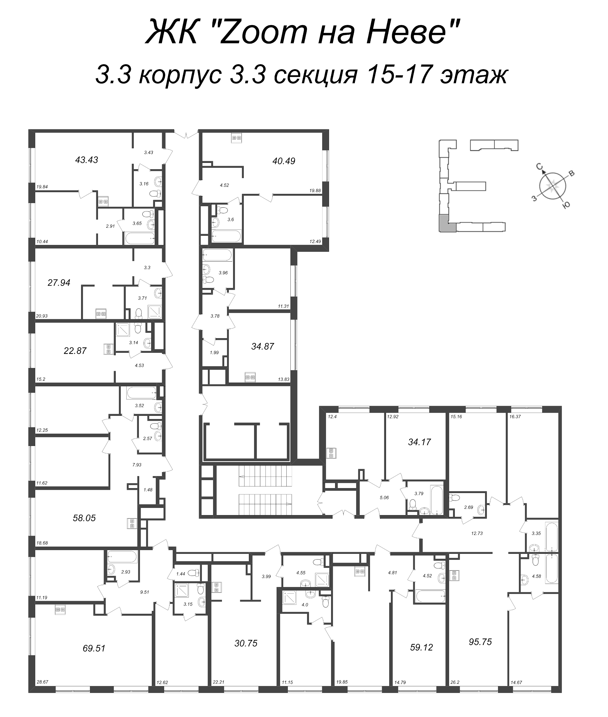 1-комнатная квартира, 33.81 м² в ЖК "Zoom на Неве" - планировка этажа