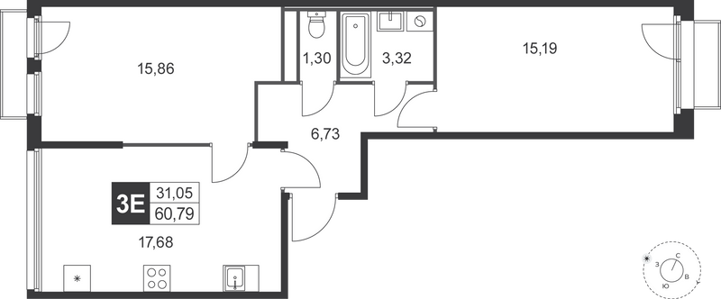 3-комнатная (Евро) квартира, 60.79 м² в ЖК "Слобода" - планировка, фото №1