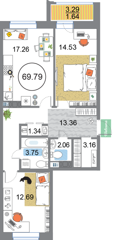 3-комнатная (Евро) квартира, 69.79 м² в ЖК "Modum" - планировка, фото №1