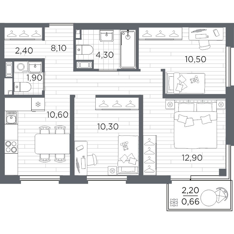 3-комнатная квартира, 61.66 м² в ЖК "PLUS Пулковский" - планировка, фото №1