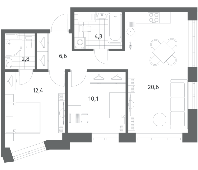 2-комнатная квартира, 56.69 м² в ЖК "NewПитер 2.0" - планировка, фото №1