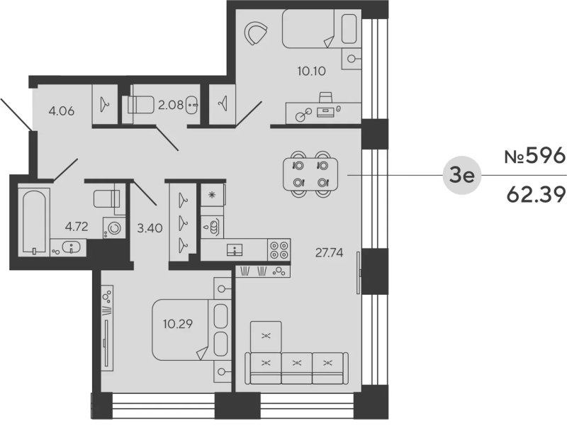 3-комнатная (Евро) квартира, 62.39 м² в ЖК "Башни Элемент" - планировка, фото №1