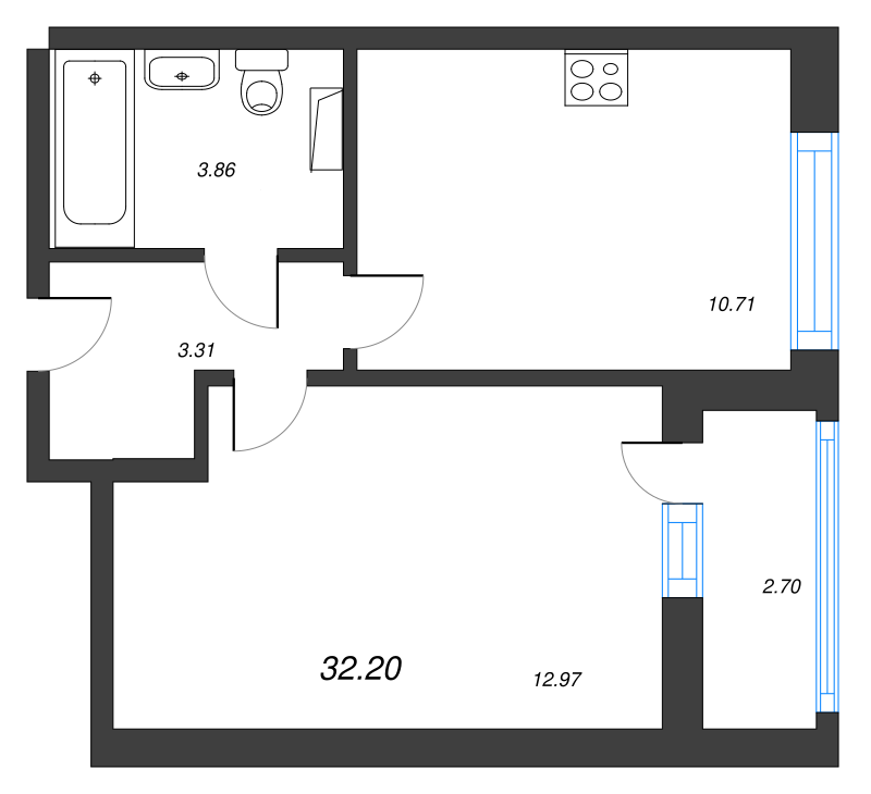 1-комнатная квартира, 32.2 м² - планировка, фото №1