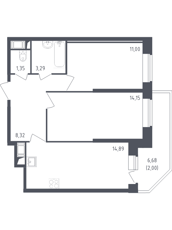 2-комнатная квартира, 55 м² в ЖК "Живи! В Рыбацком" - планировка, фото №1