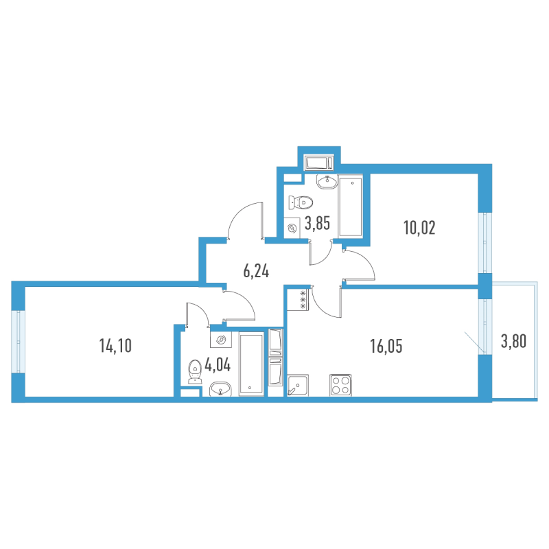 3-комнатная (Евро) квартира, 55.44 м² в ЖК "Аэросити" - планировка, фото №1