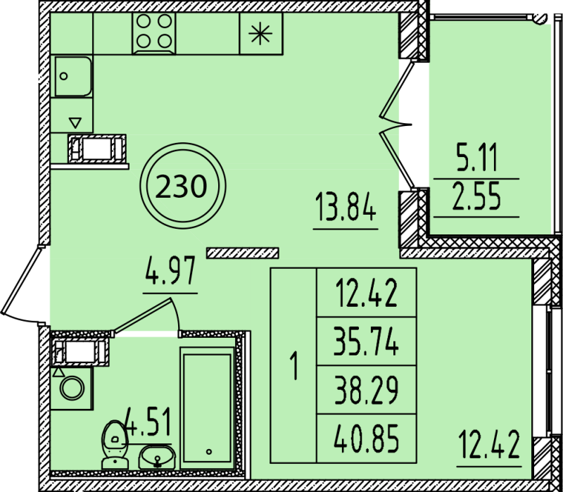 1-комнатная квартира, 35.74 м² в ЖК "Образцовый квартал 14" - планировка, фото №1