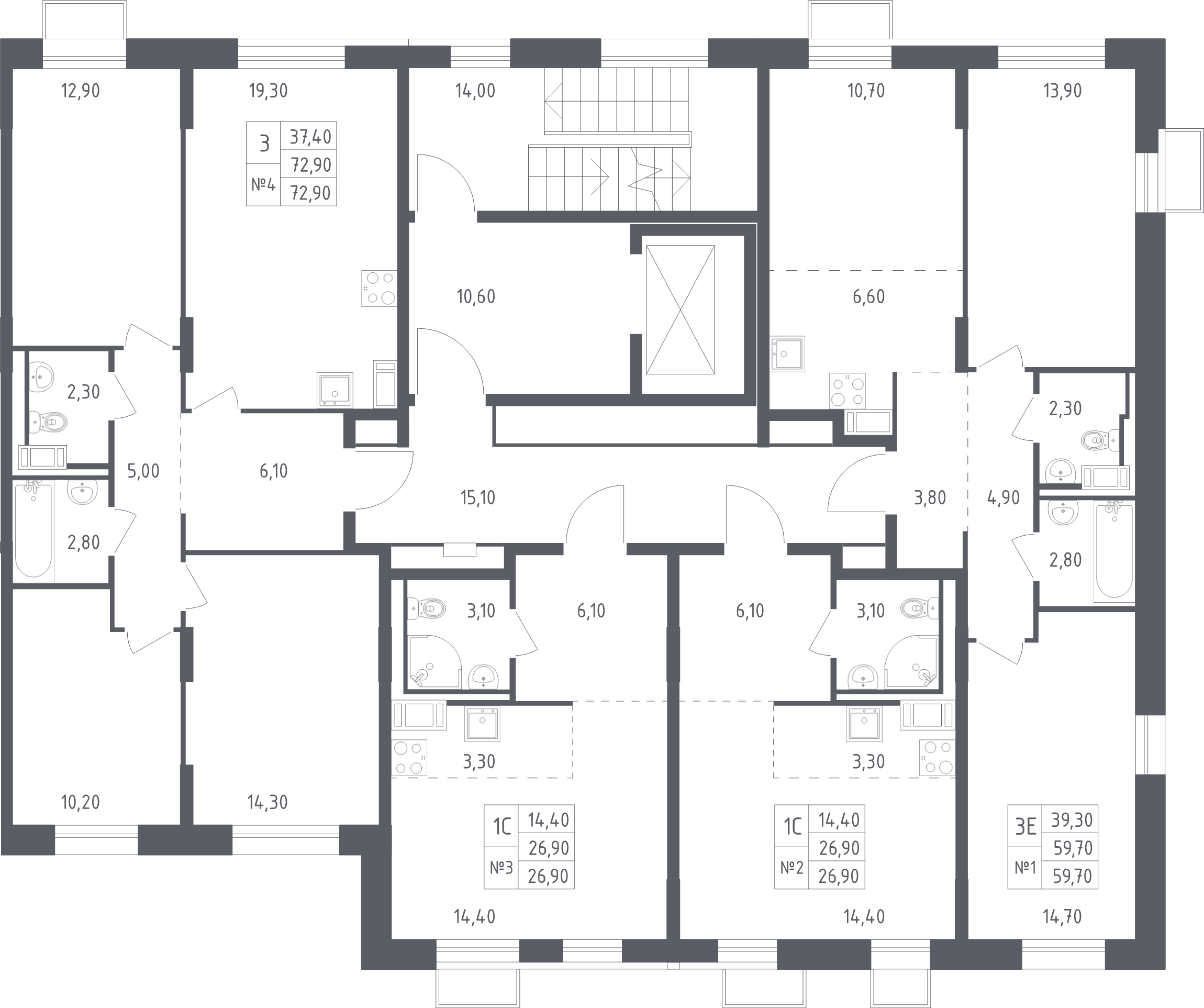 3-комнатная (Евро) квартира, 59.7 м² в ЖК "Курортный Квартал" - планировка этажа
