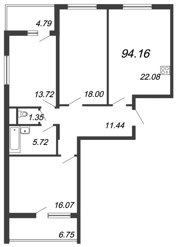 4-комнатная (Евро) квартира, 92.2 м² - планировка, фото №1