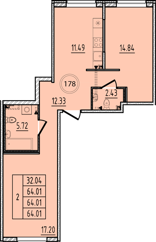 2-комнатная квартира, 64.01 м² - планировка, фото №1