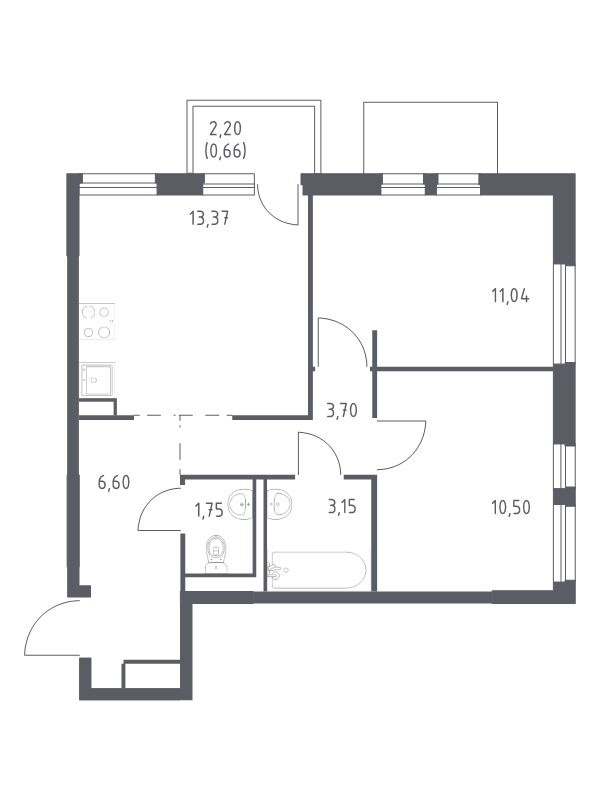 2-комнатная квартира, 50.77 м² - планировка, фото №1