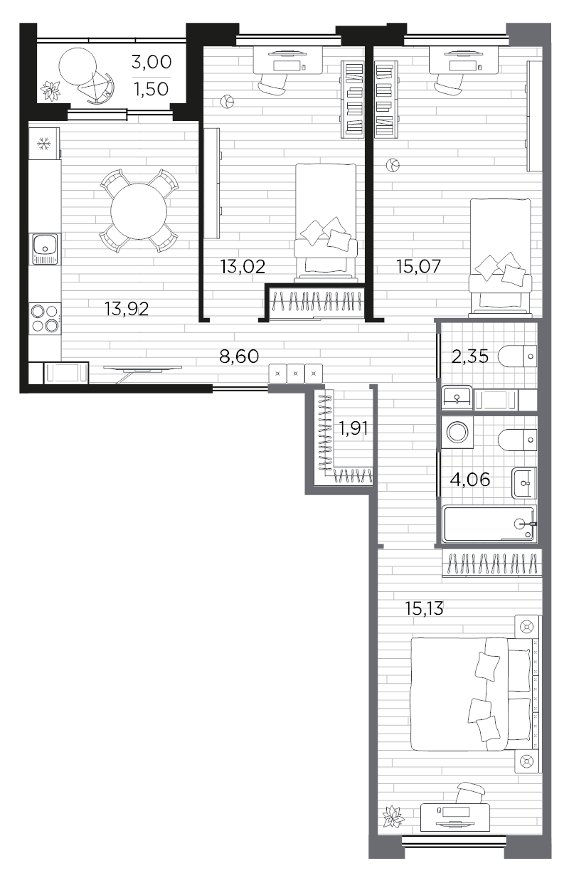 3-комнатная квартира, 75.56 м² - планировка, фото №1