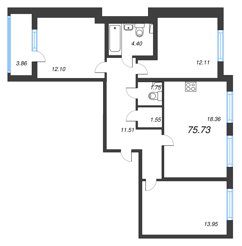 4-комнатная (Евро) квартира, 75.73 м² в ЖК "Любоград" - планировка, фото №1