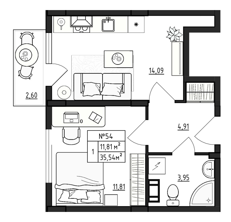 1-комнатная квартира, 35.54 м² в ЖК "Верево Сити" - планировка, фото №1