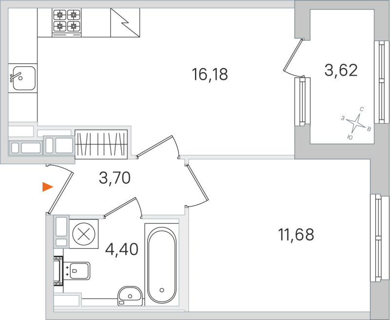 2-комнатная (Евро) квартира, 35.96 м² в ЖК "Дубровский" - планировка, фото №1
