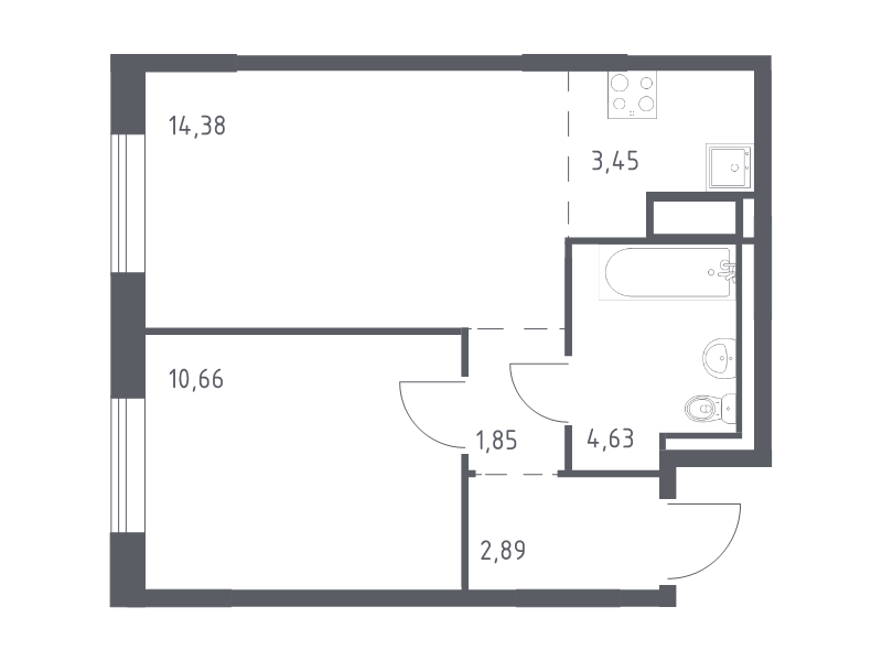 2-комнатная (Евро) квартира, 37.86 м² - планировка, фото №1