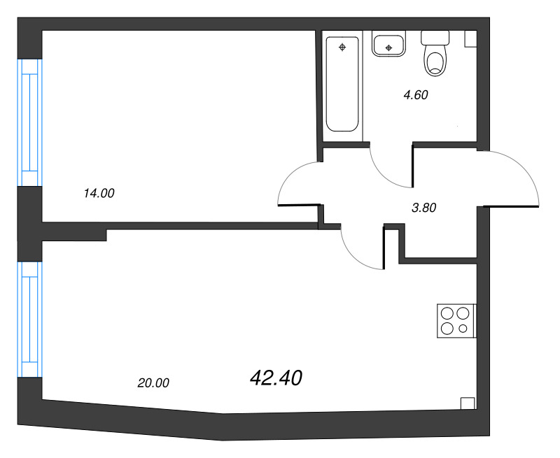 2-комнатная (Евро) квартира, 42.4 м² в ЖК "Измайловский" - планировка, фото №1