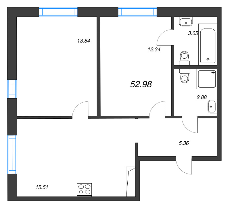 3-комнатная (Евро) квартира, 52.98 м² в ЖК "Окла" - планировка, фото №1