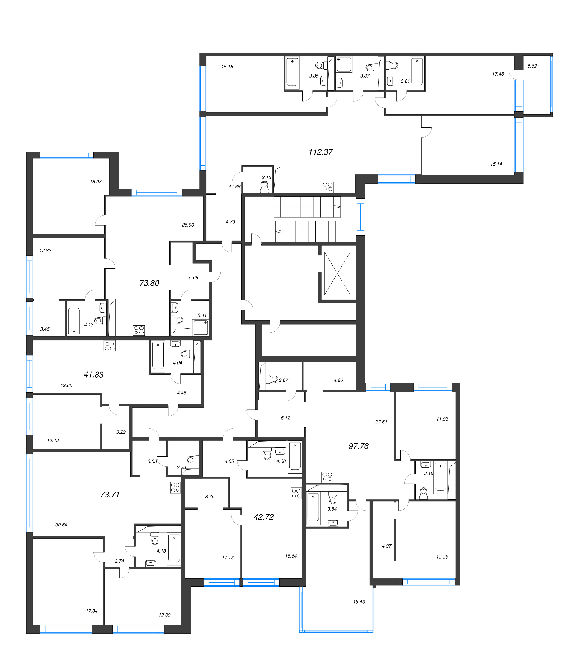 4-комнатная (Евро) квартира, 97.76 м² - планировка этажа