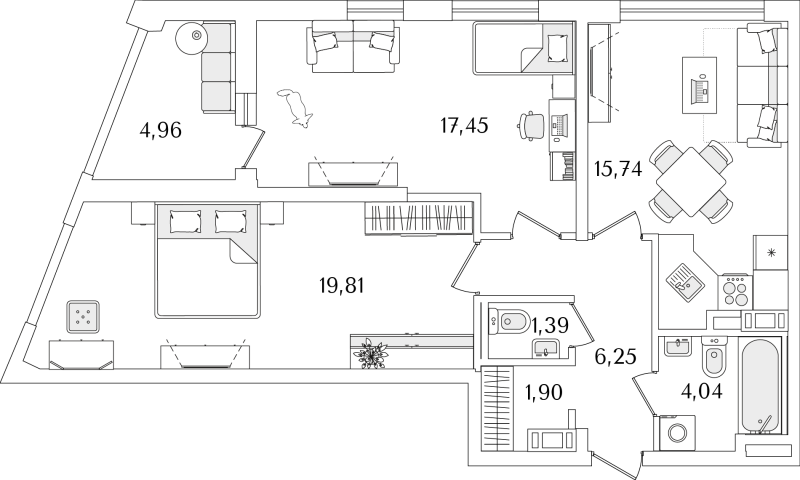 3-комнатная (Евро) квартира, 69.06 м² - планировка, фото №1