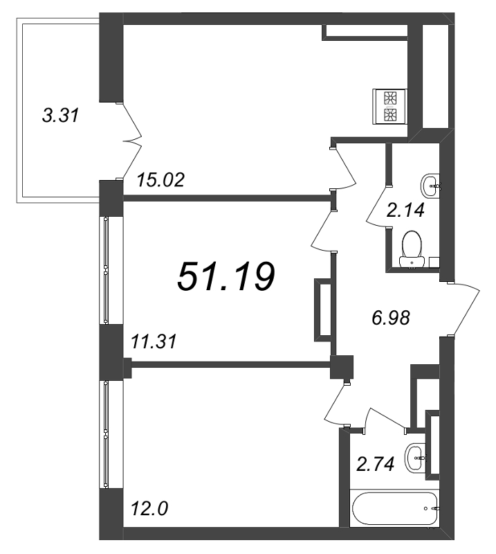 3-комнатная (Евро) квартира, 51.19 м² - планировка, фото №1