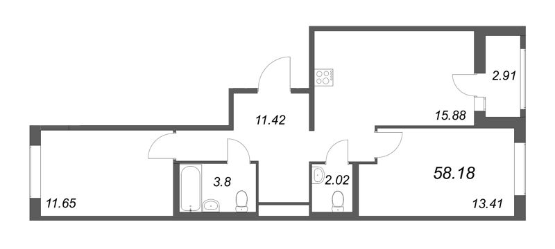 3-комнатная (Евро) квартира, 61.09 м² в ЖК "Мурино Space" - планировка, фото №1