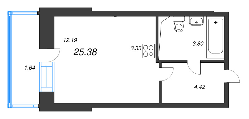 Квартира-студия, 25.38 м² - планировка, фото №1