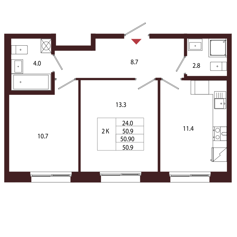 2-комнатная квартира, 50.9 м² в ЖК "Лисино" - планировка, фото №1