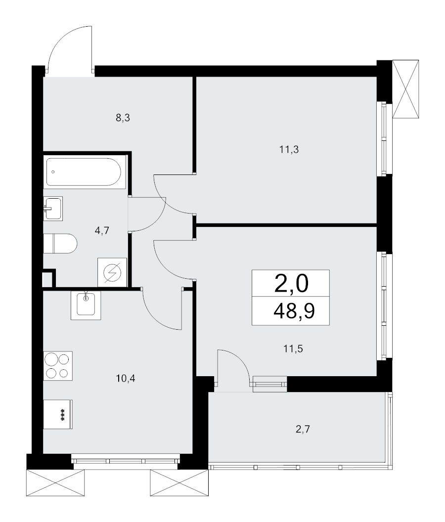 2-комнатная квартира, 48.9 м² - планировка, фото №1