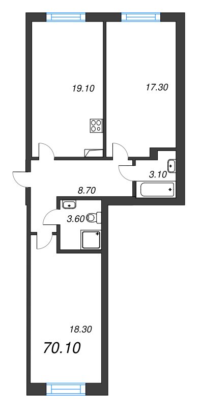 3-комнатная (Евро) квартира, 69.4 м² в ЖК "Neva Haus" - планировка, фото №1